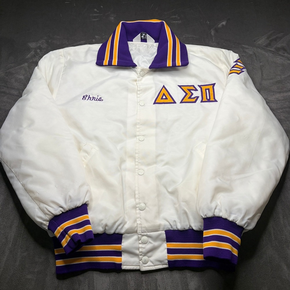 Vtg 80s Varsity Bomber Jacket Mens L White Nylon Delta Sigma Pi Lewis University